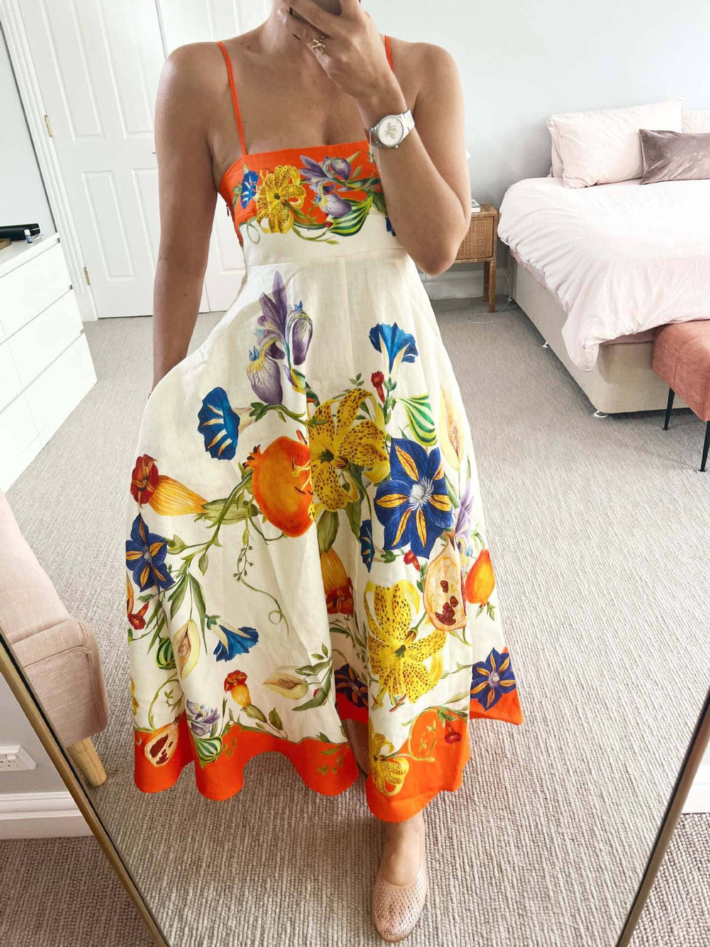 Vivid lily Floral print swing style strappy dress-Blue Hand Home
