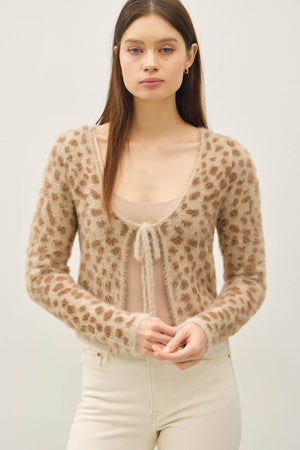 FUZZY LEOPARD JAQUARD FRONT TIE CARDIGAN-Blue Hand Home