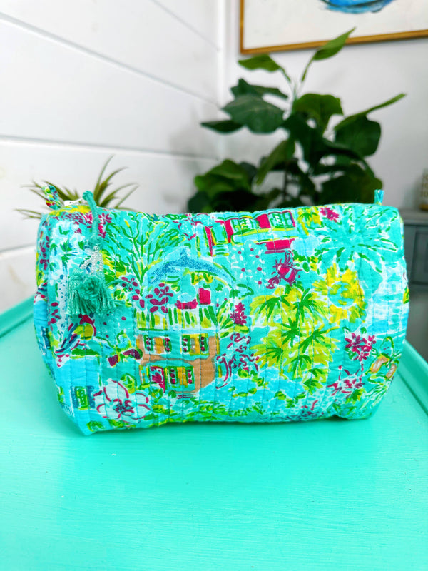 Quilted Cosmetics Makeup Toiletry Bag - Southern Town Print-Blue Hand Home