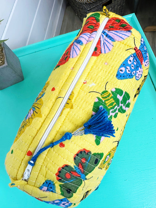 Quilted Makeup Bag | Cosmetic Toiletry Bag | Butterfly Print-Blue Hand Home