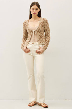 FUZZY LEOPARD JAQUARD FRONT TIE CARDIGAN-Blue Hand Home