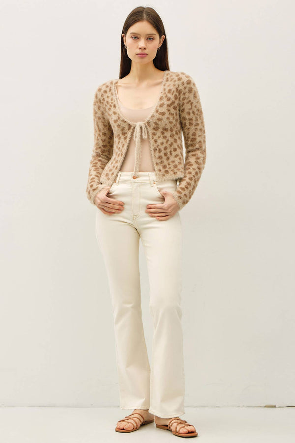 FUZZY LEOPARD JAQUARD FRONT TIE CARDIGAN-Blue Hand Home