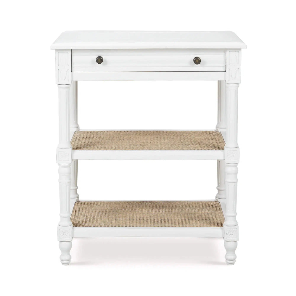 Melissa Side Table In Architectural White w/ Rattan Natural on Shelves-Blue Hand Home