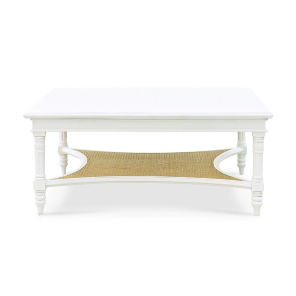 Montego Square Coffee Table In Architectural White w/ Rattan Natural-Blue Hand Home