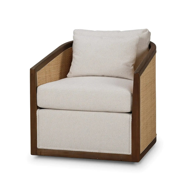 Willis Swivel Chair W/ Mahogany Frame In Straw Wash & Rattan Natural W/ Dinara Natural Performance Fabric-Blue Hand Home