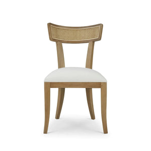 Beatrice Dining Chair In Fruitwood W/ Arctic White Performance Fabric & Rattan Natural On Back-Blue Hand Home