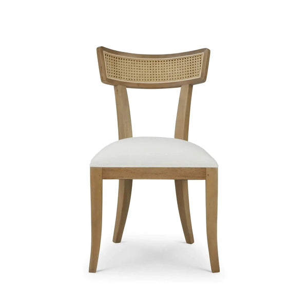 Beatrice Dining Chair In Fruitwood W/ Arctic White Performance Fabric & Rattan Natural On Back-Blue Hand Home