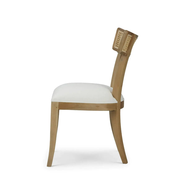 Beatrice Dining Chair In Fruitwood W/ Arctic White Performance Fabric & Rattan Natural On Back-Blue Hand Home