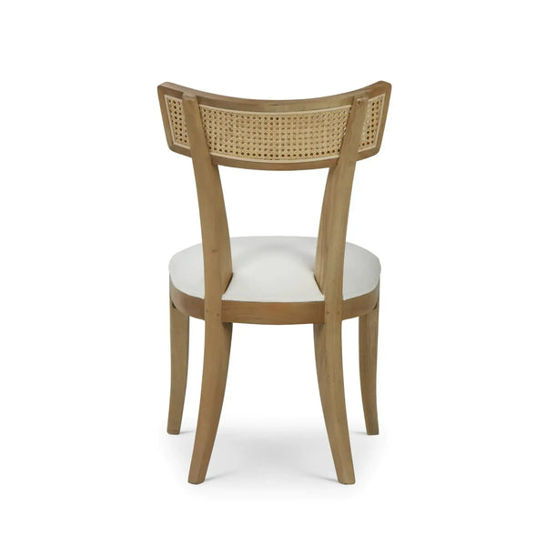 Beatrice Dining Chair In Fruitwood W/ Arctic White Performance Fabric & Rattan Natural On Back-Blue Hand Home