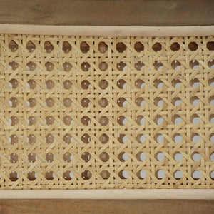 Beatrice Dining Chair In Fruitwood W/ Arctic White Performance Fabric & Rattan Natural On Back-Blue Hand Home