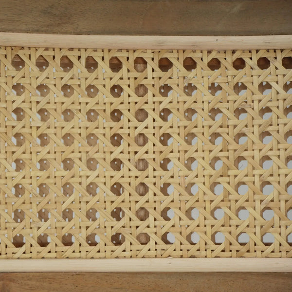 Beatrice Dining Chair In Fruitwood W/ Arctic White Performance Fabric & Rattan Natural On Back-Blue Hand Home