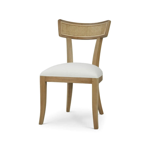 Beatrice Dining Chair In Fruitwood W/ Arctic White Performance Fabric & Rattan Natural On Back-Blue Hand Home