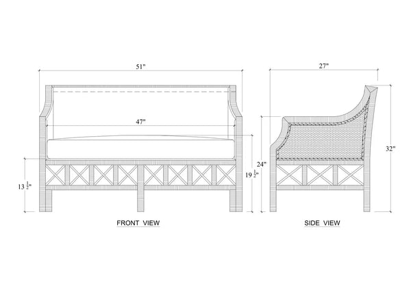 Rabana Rattan Loveseat in Natural Rattan w/ Whisper Word Fabric Cushion-Blue Hand Home