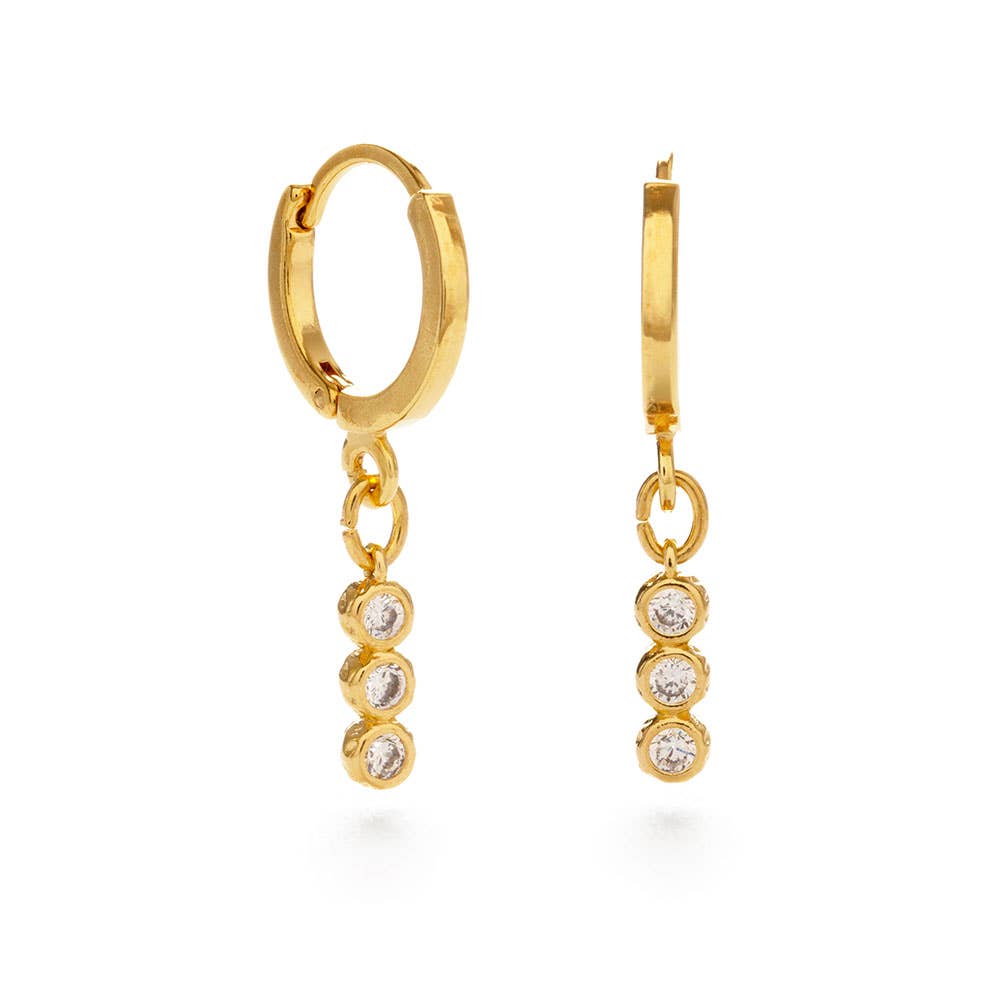 Three Crystal Bar Huggie Hoop Earrings-Blue Hand Home