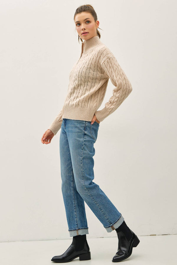 CABLE KNIT ZIP UP SWEATER JACKET W/ HIGH COLLAR-Blue Hand Home