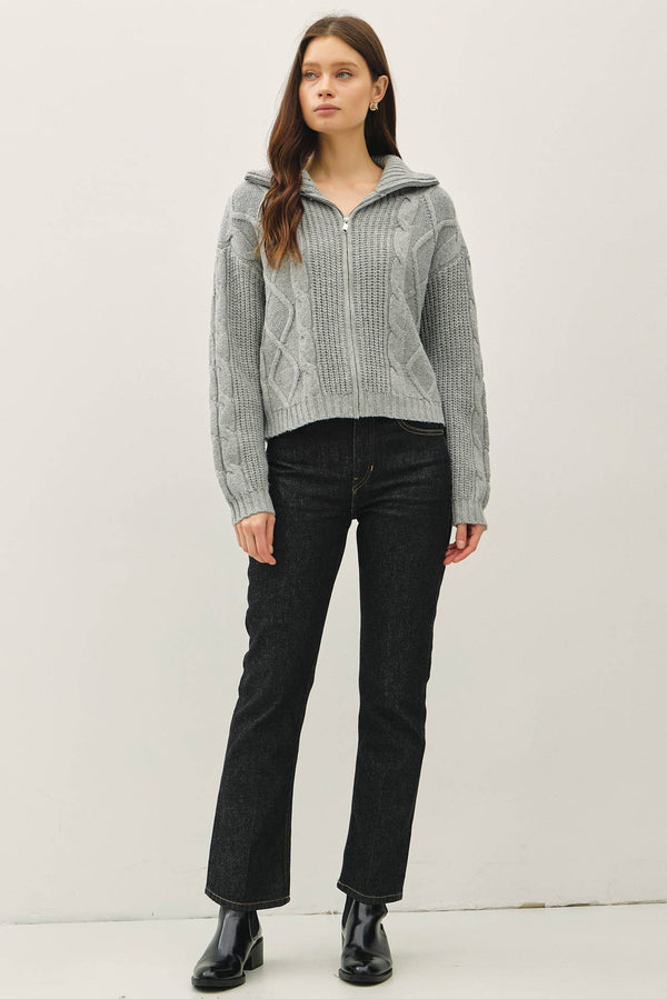 FLOPPY COLLARED CABLE ZIP UP SWEATER-Blue Hand Home
