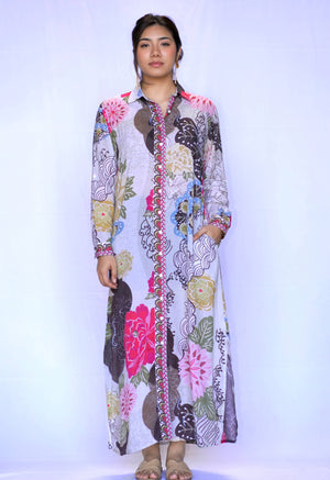 Seraphina Shirt Dress Beige Brown-Blue Hand Home