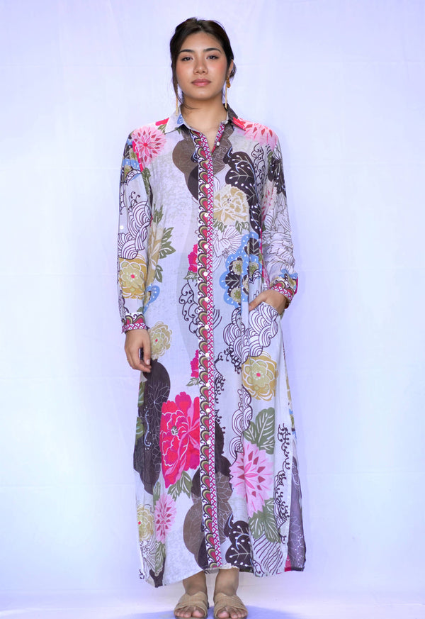 Seraphina Shirt Dress Beige Brown-Blue Hand Home