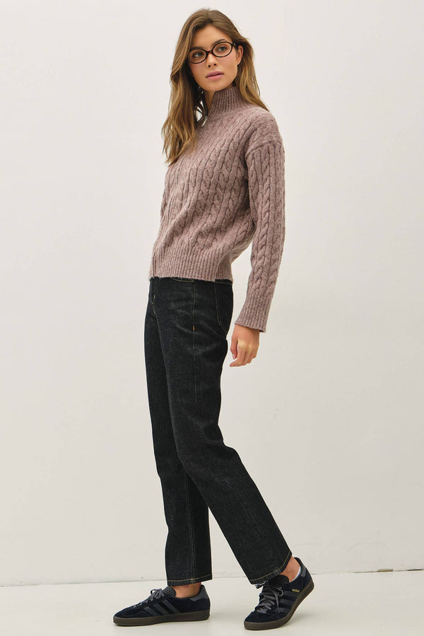 CABLE KNIT ZIP UP SWEATER JACKET W/ HIGH COLLAR-Blue Hand Home