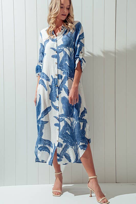 ELSIE PALMS AND PROMISES BUTTON DOWN DRESS-Blue Hand Home