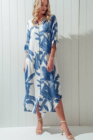 ELSIE PALMS AND PROMISES BUTTON DOWN DRESS-Blue Hand Home