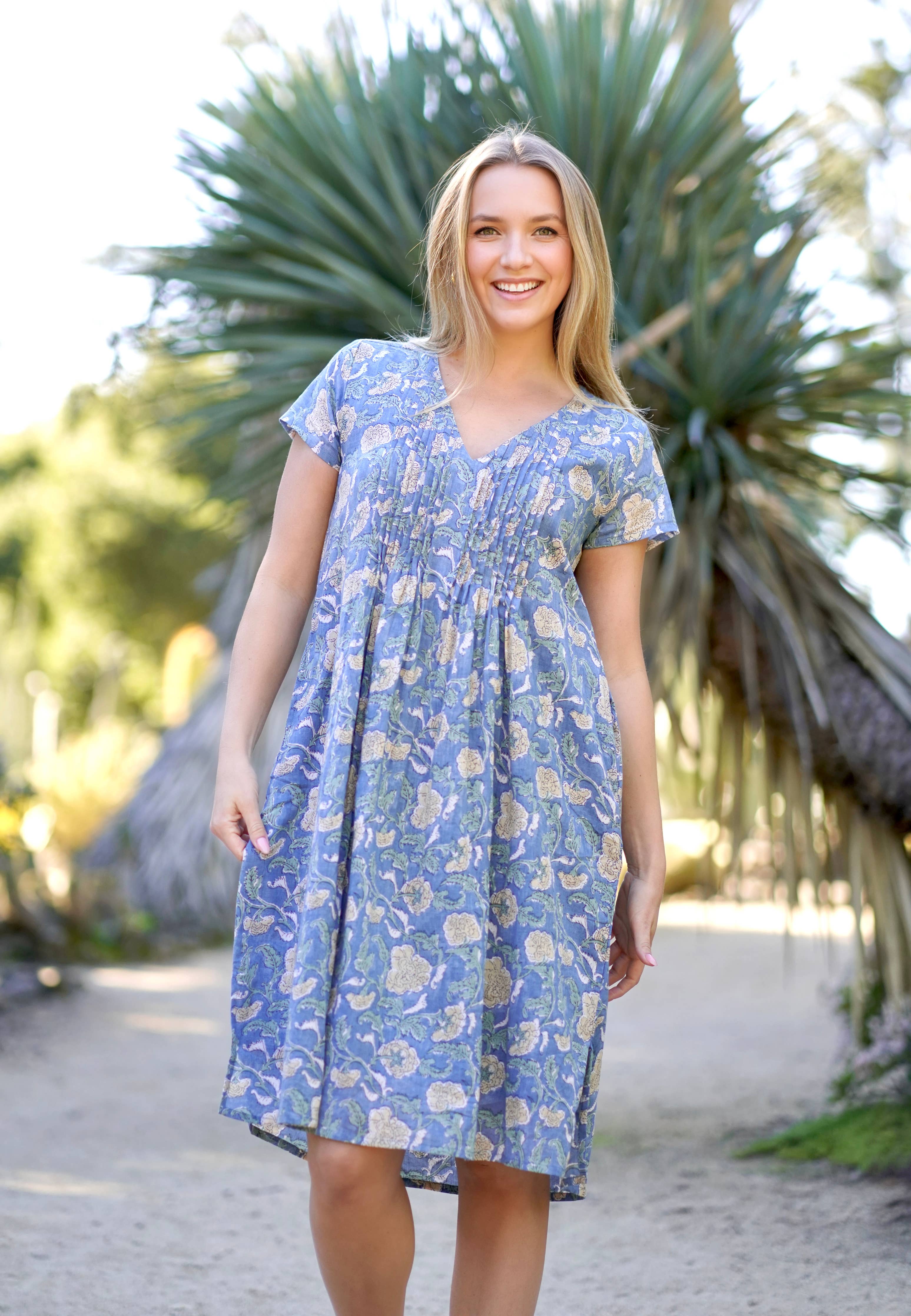 Lula Pin Tuck Block Print Dress Blue Green