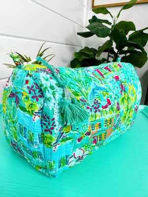 Quilted Cosmetics Makeup Toiletry Bag - Southern Town Print-Blue Hand Home