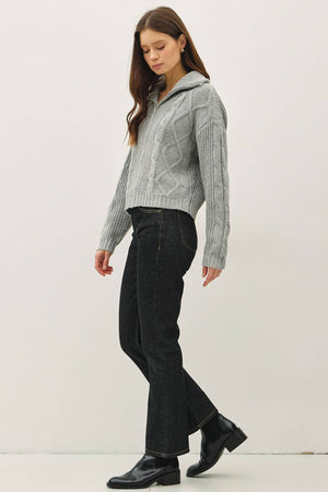 FLOPPY COLLARED CABLE ZIP UP SWEATER-Blue Hand Home