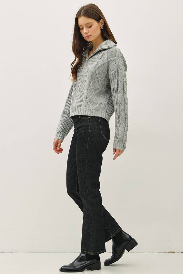 FLOPPY COLLARED CABLE ZIP UP SWEATER-Blue Hand Home