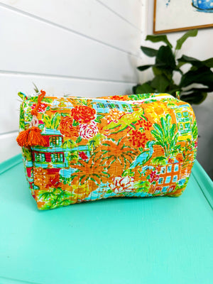 Quilted Cosmetics Makeup Bag - Orange Southern Town Print-Blue Hand Home