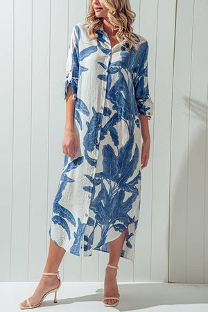 ELSIE PALMS AND PROMISES BUTTON DOWN DRESS-Blue Hand Home