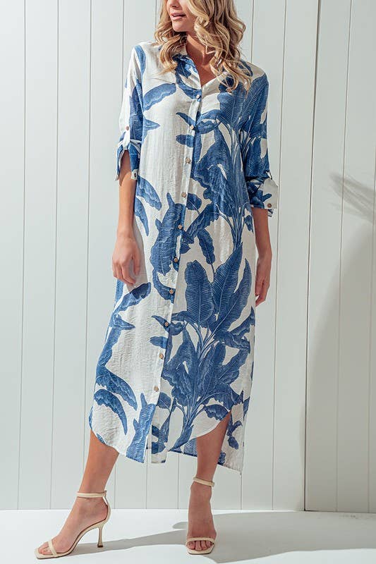 ELSIE PALMS AND PROMISES BUTTON DOWN DRESS-Blue Hand Home