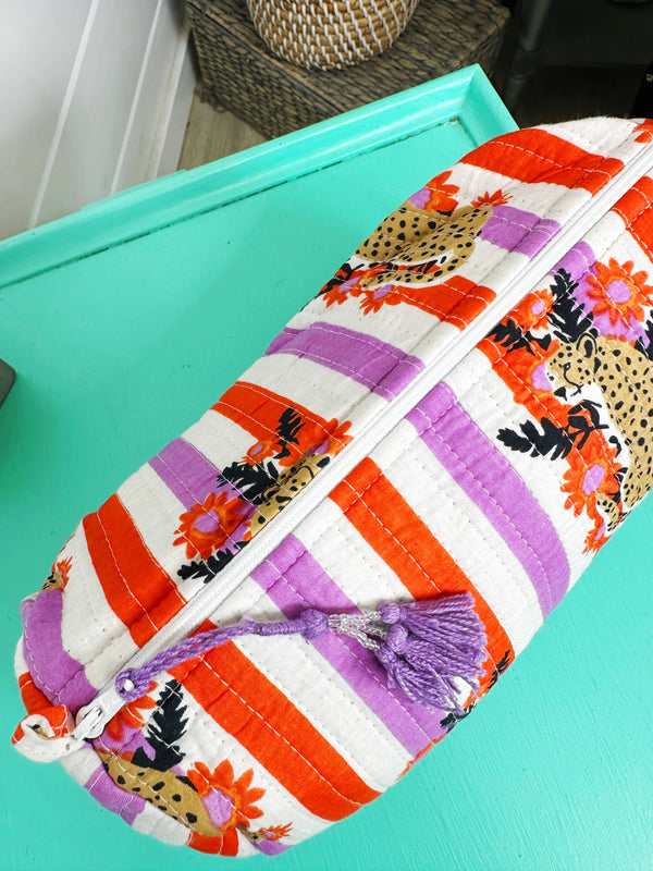 Striped Jaguar Quilted Cosmetics Bag – Handmade, Travel Bag-Blue Hand Home