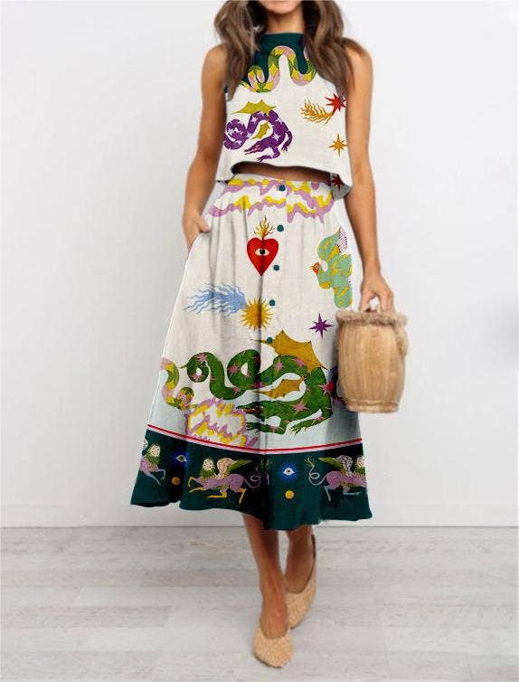 Wonderland Print Tank Top & Skirt 2 Piece Set-Blue Hand Home