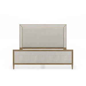 Belgravia Upholstered King Bed in Sandbar. Upholstered in Dinara Natural Performance Fabric w/ White Rattan-Blue Hand Home
