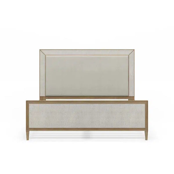 Belgravia Upholstered King Bed in Sandbar. Upholstered in Dinara Natural Performance Fabric w/ White Rattan-Blue Hand Home