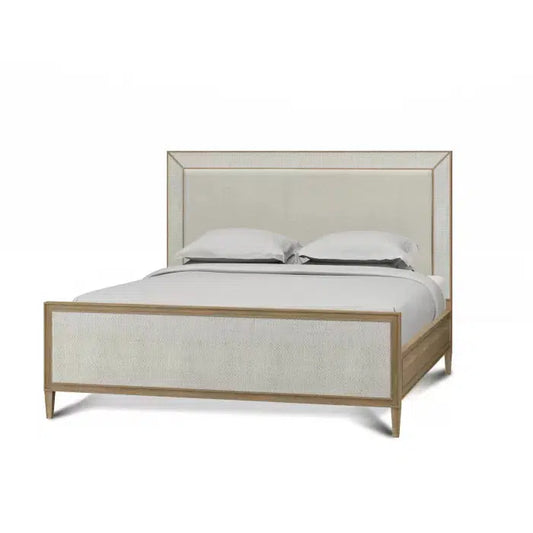 Belgravia Upholstered King Bed in Sandbar. Upholstered in Dinara Natural Performance Fabric w/ White Rattan-Blue Hand Home