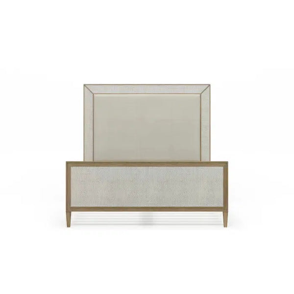 Belgravia Upholstered Queen Bed in Sandbar. Upholstered in Dinara Natural Performance Fabric w/ White Rattan.-Blue Hand Home