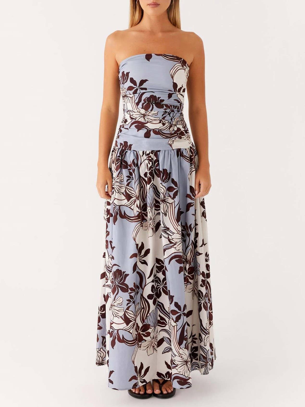 Exquisite floral & botanical strapless maxi cocktail dress