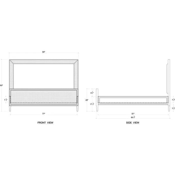 Belgravia Upholstered King Bed in Sandbar. Upholstered in Dinara Natural Performance Fabric w/ White Rattan-Blue Hand Home