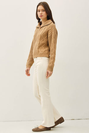 FLOPPY COLLARED CABLE ZIP UP SWEATER-Blue Hand Home