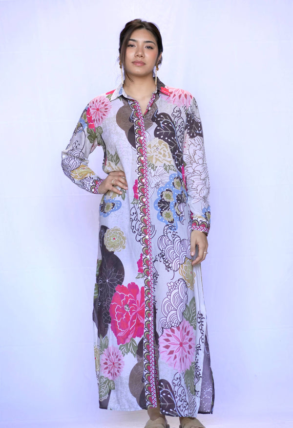 Seraphina Shirt Dress Beige Brown-Blue Hand Home