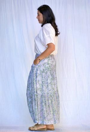 Block Printed Tiered Cotton Skirt Olive Navy-Blue Hand Home