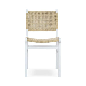 Logan Teak Dining Chair in True White Finish w/ Rattan Natural Seat & Back-Blue Hand Home