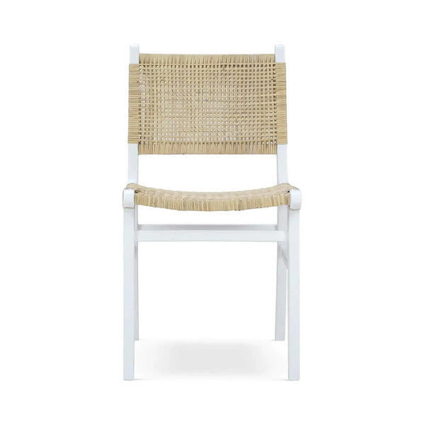 Logan Teak Dining Chair in True White Finish w/ Rattan Natural Seat & Back-Blue Hand Home