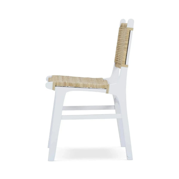 Logan Teak Dining Chair in True White Finish w/ Rattan Natural Seat & Back-Blue Hand Home