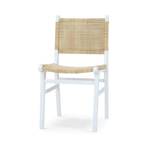 Logan Teak Dining Chair in True White Finish w/ Rattan Natural Seat & Back-Blue Hand Home