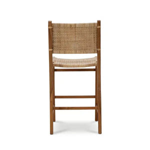 Logan Counter Stool w/ Rattan in Teak Natural Finish w/ Rattan Natural Seat & Back-Blue Hand Home