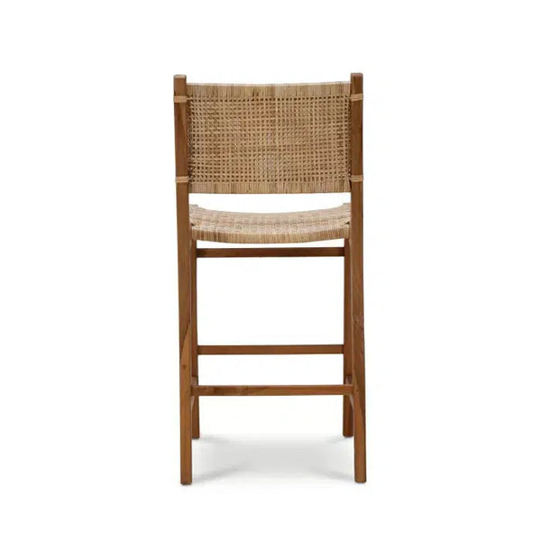 Logan Counter Stool w/ Rattan in Teak Natural Finish w/ Rattan Natural Seat & Back-Blue Hand Home