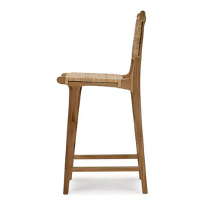Logan Barstool w/ Rattan in Teak Natural Finish w/ Rattan Natural Seat & Back-Blue Hand Home